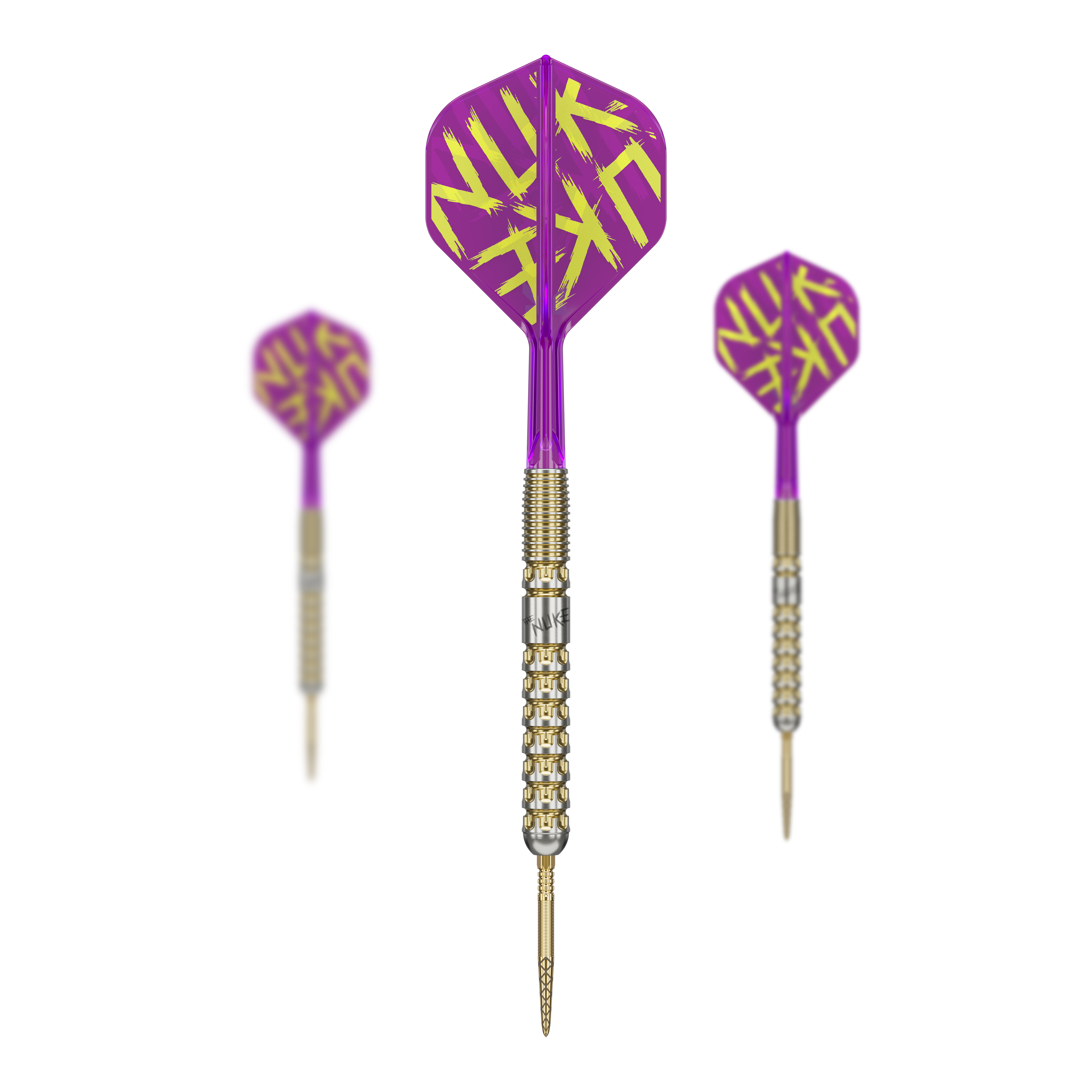 Das Bild zeigt drei Steeldarts der Marke "Target Luke Littler GEN1 Prodigy Swiss Point". Die Darts haben lila Flights mit gelber Schrift und gold-silberne Spitzen und Griffe.